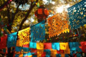 ai généré coloré mexicain perforé papel picado , Festival coloré papier guirlande. ai généré photo