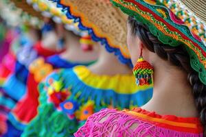 ai généré Latin femme dans traditionnel mexicain robe dansant à parade ou culturel Festival dans Mexique Latin Amérique, ai généré photo