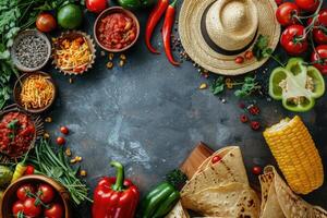 ai généré cinco de mayo vacances Contexte avec fête sombrero chapeau, les boissons et agrumes. ai généré photo