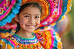 ai généré Latin fille dans traditionnel mexicain robe dansant à parade ou culturel Festival dans Mexique Latin Amérique, ai généré photo