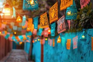 ai généré coloré mexicain perforé papel picado , Festival coloré papier guirlande. ai généré photo