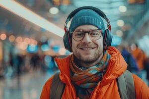 content homme dans brillant confortable vêtements et écouteurs dans le aéroport en utilisant téléphone intelligent. photo