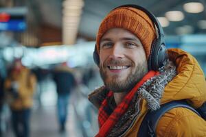 content homme dans brillant confortable vêtements et écouteurs dans le aéroport en utilisant téléphone intelligent. photo