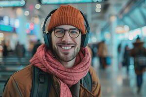 content homme dans brillant confortable vêtements et écouteurs dans le aéroport en utilisant téléphone intelligent. photo