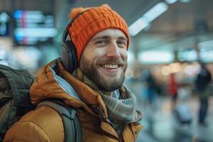 content homme dans brillant confortable vêtements et écouteurs dans le aéroport en utilisant téléphone intelligent. photo