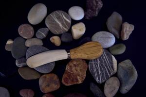 poisson et fromage couteau avec une en bois manipuler sur une noir Contexte avec mer galets photo