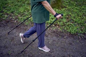 personnes âgées femme est engagé dans nordique en marchant avec des bâtons dans le printemps forêt photo