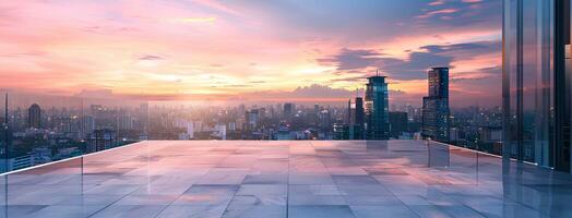 ai généré vide carré sol avec ville horizon Contexte à le coucher du soleil. haute angle vue de vide béton Plate-forme et Urbain paysage avec bâtiments dans le distance. large panoramique bannière photo