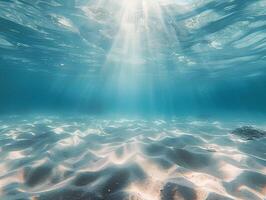 ai généré une magnifique sous-marin vue de le clair, turquoise océan avec une sablonneux bas et des rayons de lumière du soleil filtration par le l'eau. le lumière reflète de le calme des eaux photo