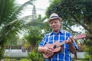 portrait de un personnes âgées asiatique homme portant une chapeau en jouant le ukulélé, souriant et à la recherche à le caméra tandis que permanent dans une jardin. espace pour texte. concept de vieilli gens et relaxation photo