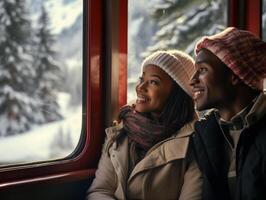 portrait de Jeune noir homme et femme à la recherche à le neige par train fenêtre photo