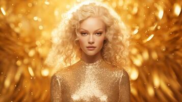 portrait de magnifique blond femme dans d'or robe sur briller Contexte photo