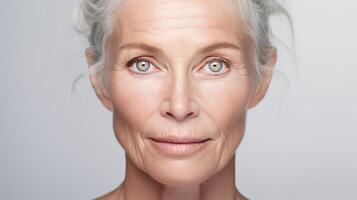 portrait de Sénior femme avec gris cheveux, bleu yeux et peau détails fermer. La publicité de produits de beauté, parfums photo