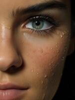 fermer de une magnifique femelle visage avec vert yeux, peau détails, l'eau gouttes. La publicité de produits de beauté, parfums photo