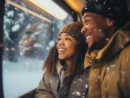 portrait de Jeune noir homme et femme à la recherche à le neige par train fenêtre photo