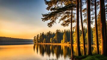 ai généré une Lac entouré par des arbres à le coucher du soleil photo