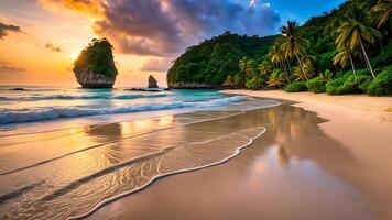 ai généré tropical plage avec paume des arbres et le sable à le coucher du soleil photo