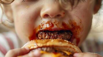 fermer de peu fille en mangeant Hamburger. une désordonné Burger, sauce enduit sur leur affronter. photo