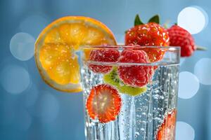 ai généré pétillant fruit l'eau avec baies et agrumes tranche photo