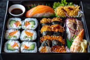 ai généré de luxe Sushi variété dans bento boîte photo