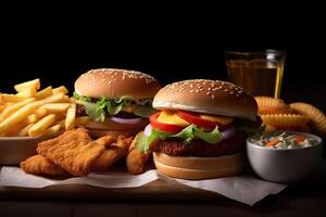 ai généré irrésistible vite nourriture combo saveur le la bonté de français frites, poulet ailes, poulet Popcorn, poulet pépites, et une délectable poulet Burger. établi avec génératif ai photo