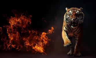 ai généré brut Puissance déchaîné majestueux tigre dans une dynamique sauter pose. établi avec génératif ai photo