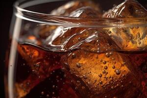 ai généré rafraîchissant Cola délice une fermer vue de une pétillant Cola boisson avec brillant la glace cubes. établi avec génératif ai photo
