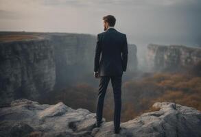 ai généré homme portant costume permanent dans une falaise, affaires concept photo