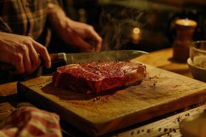 une Boucher garniture une graisse de une longe de steak photo