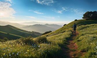 ai généré une promeneur permanent sur le Haut de une colline photo