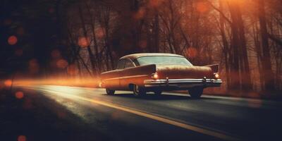 ai généré ancien sedan voiture périple à le coucher du soleil sur forêt route dans d'or soir lumière. antique voiture sur les bois chemin à crépuscule. génératif ai photo