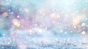ai généré couvert de neige sol avec bokeh lumières Contexte. parfait pour hiver à thème conceptions, Noël cartes, vacances bannières, saisonnier social médias des postes. photo