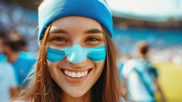 ai généré portrait de une magnifique Jeune fille pom-pom girl ventilateur avec une bleu masque sur sa visage à le stade. photo