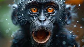 ai généré portrait de une noir chimpanzé avec gros Orange yeux dans le pluie photo
