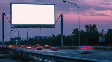 ai généré Vide panneau d'affichage sur le Autoroute avec mouvement brouiller de voitures sur le route à le coucher du soleil. photo