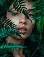 femme avec bleu yeux entouré par vert feuilles photo