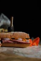 robuste rôti du boeuf Cheddar sandwich avec Mayonnaise tremper avec frites servi dans en bois planche isolé sur serviette de table côté vue de petit déjeuner nourriture photo