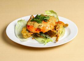Crabe sel Oeuf servi dans plat isolé sur Contexte Haut vue Singapour nourriture photo