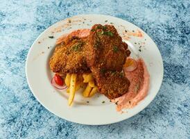 émietté poulet avec français frites servi dans assiette isolé sur Contexte Haut vue de italien nourriture photo