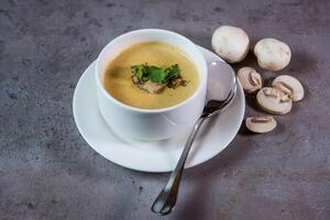 crème champignon soupe servi dans bol isolé sur gris Contexte Haut vue de Bahreïn nourriture photo