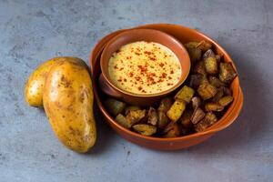 Patate fromage fondu servi dans plat isolé sur gris Contexte Haut vue de Bahreïn nourriture photo