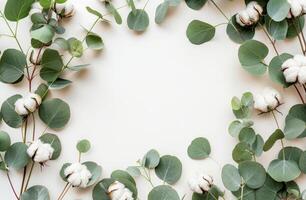 coton fleurs et vert feuilles sur blanc Contexte photo