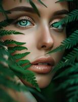 femme avec bleu yeux et vert feuilles photo