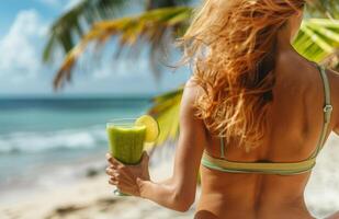 femme dans bikini en portant vert boisson photo