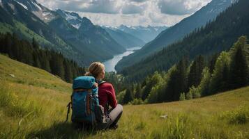 ai généré une la personne immergé dans nature, entouré par luxuriant verdure ou imposant des arbres, avec une serein expression de admiration et appréciation. photo