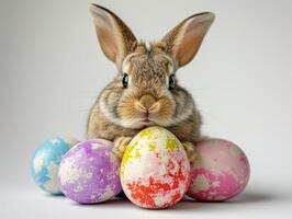 ai généré une lapin portant une mignonne chemise émerge de le gros Oeuf avec magnifique coloré coquilles sur une blanc Contexte. photo