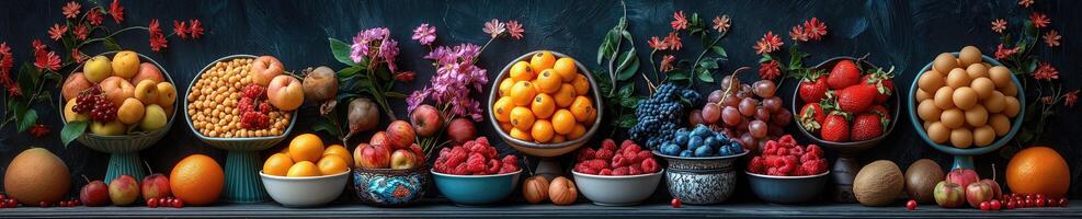 ai généré le bannière image Caractéristiques une en bois table surmonté avec divers boules et des vases rempli avec différent des fruits et baies. photo