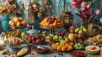 ai généré une généreux afficher de des fruits, bonbons, et gourmandises posé en dehors sur une table dans préparation pour le eid al-adha photo