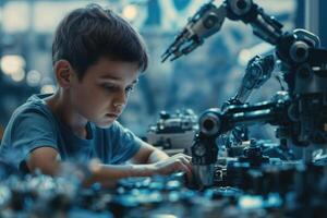 Jeune garçon engagé dans la robotique Assemblée dans une moderne atelier pendant une science camp. photo