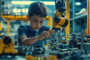 Jeune garçon engagé dans la robotique Assemblée dans une moderne atelier pendant une science camp. photo